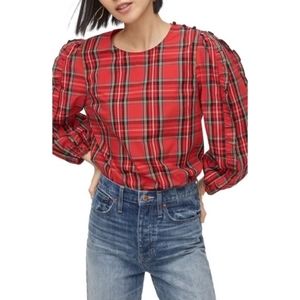 J Crew Red Stewart Tartan Ruffle Sleeve Top
